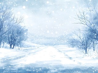 Fototapeta premium Serene Winter Path: Soft Watercolor Illustration of a Snowy Forest Road with Falling Snow