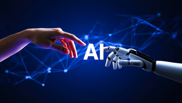 Human hand reaching towards robot hand with AI icon, futuristic technology interaction, digital communication, artificial intelligence innovation, modern interface design concept