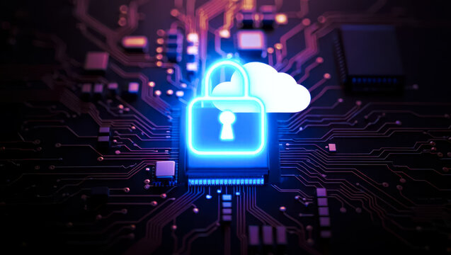 Glowing lock icon on microchip, cybersecurity concept, digital protection, cloud security in data networks, technology background for digital platforms and online services - Powered by Adobe