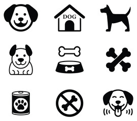 Dog icons collection, canine characters, food, house and bones vector set