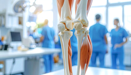 Detailed anatomical model of a human knee joint with bones, cartilage, and muscle tissues in a medical classroom setting