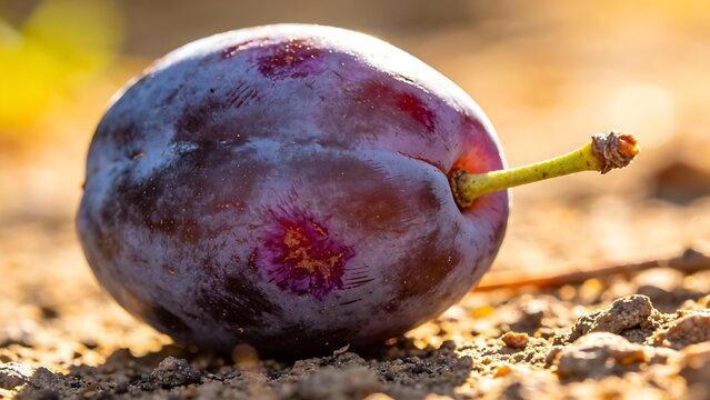 infamy. A ripe plum fallen on the ground with purple-red bruise marks, natural lighting, shallow depth of field. gardening catalogs, home-decor guides, designed for gardening and botanical catalogs.