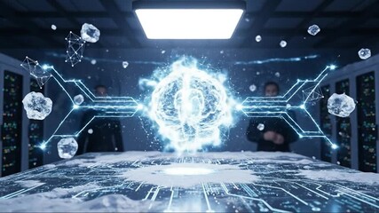 Futuristic AI Brain Hologram in Server Room with Data Streams and Ice Crystals - Powered by Adobe