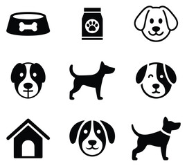 Dog care and pet essentials icons. food, bowls, faces, house vectors. set of dogs
