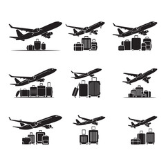 Black Color Airplane & Luggage Travel Concept Silhouette Vector Illustration, Solid White Background.