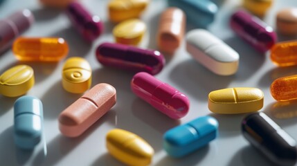 A macro composition of multicolored capsules and tablets arranged in lines under soft light modern medicine, pharmaceutical research, and global healthcare progress scientific study medical technology