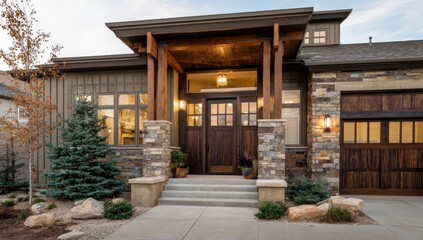 Fototapeta premium Beautiful home exterior showcasing wooden door, stone pillars, and garage