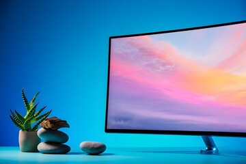 Modern workspace with serene nature scene on monitor