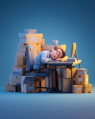 Tired cartoon office worker sleeping at desk with paperwork and boxes &mdash; work overload concept, modern minimal illustration