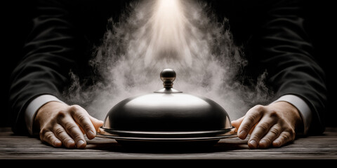Waiter presenting covered dish with steam in elegant setting  
