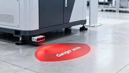 Industrial Safety Sign with Laser Projection Marking Danger Area on Factory Floor
