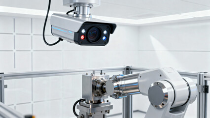 Industrial Robotic Arm with Monitoring Camera in High-Tech Manufacturing Environment