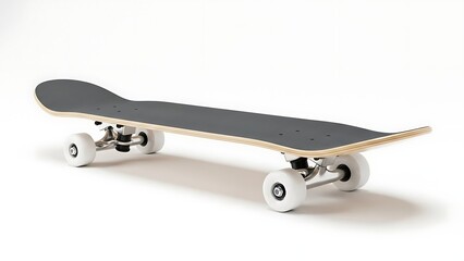 A new, modern skateboard with white wheels and silver trucks resting on a clean white background.