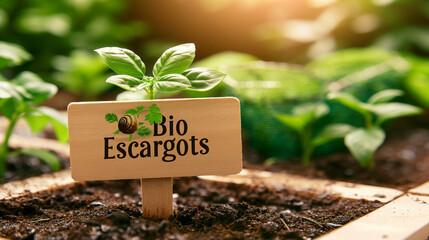Organic basil plant labeled Bio Escargots in sunny garden soil  