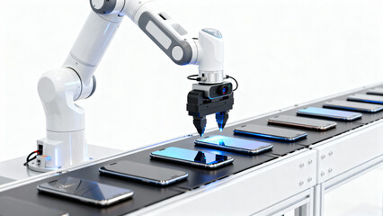 Industrial Robotic Arm Operating on Smartphone Assembly Line in Modern Factory