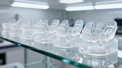 Transparent dental aligners displayed on glass shelf in modern orthodontic clinic
