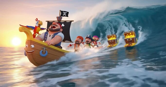Colorful pirate ship navigating through giant waves with treasure chests and a parrot
