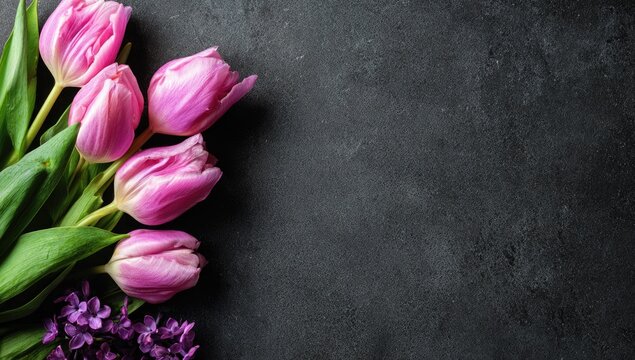 Beautiful pink tulips and purple hyacinths. Dark background. Floral composition - Powered by Adobe
