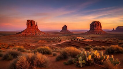 A serene desert landscape at sunset featuring iconic rock formations and sparse vegetation under a vibrant sky.