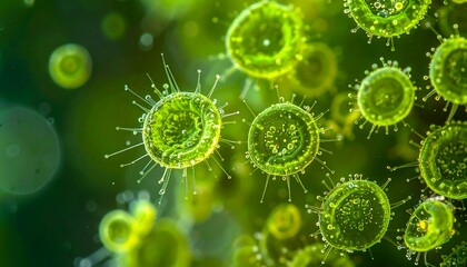 Vibrant green, spiky, spherical organisms, perhaps cells or algae, are clustered against an out-of-focus background