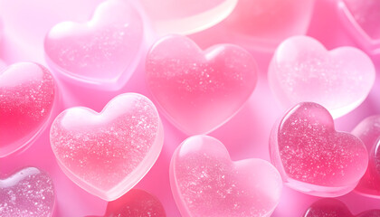 Obraz premium A collection of pink heart-shaped candies with sparkles on a soft pink background