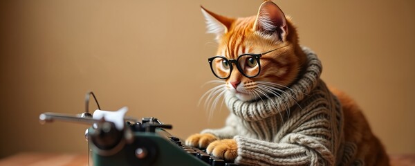 Ginger cat wearing glasses and sweater types on old typewriter. Feline author works on manuscript. Whiskered writer focused on creative project. Copy space available.