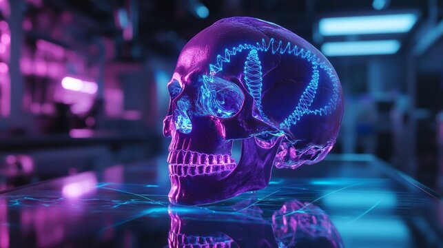 A transparent neon human skull placed on a reflective surface under cyber lighting anatomy and futuristic art, combining elements of biology, science, and digital innovation in high-definition detail - Powered by Adobe