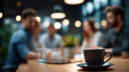 Break time at work for coffee and chat heavily defocused workplace background professional refreshment moment office social interaction employee relaxation visualization with