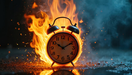 Alarm clock engulfed in flames symbolizes urgent deadlines, time pressure, or impending sale. Clock burning represents time running out fast. Heat and smoke indicate intense situation.