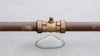 Rusty pipe with a leaking valve causing water to form a droplet on a concrete surface, highlighting plumbing issues and maintenance concerns