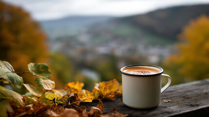 Enameled cup of coffee or tea on autumn landscape outdoors heavily defocused background seasonal beverage moment nature refreshment scene outdoor comfort visualization with