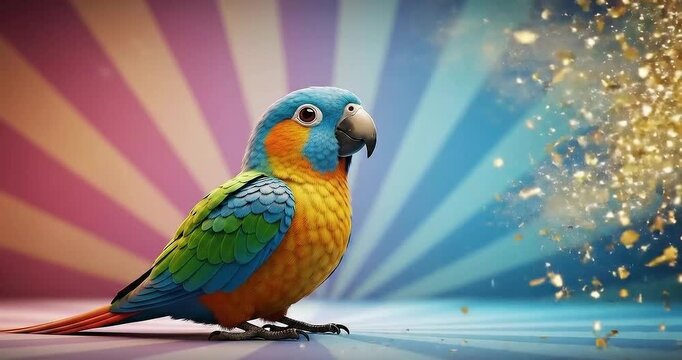 Colorful parrot exhaling sparkling dust against a vibrant radiating background