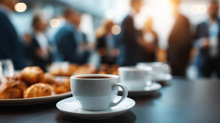 Close up of coffee break setup at conference heavily defocused background cups and pastries with faceless networking professionals corporate event refreshment business