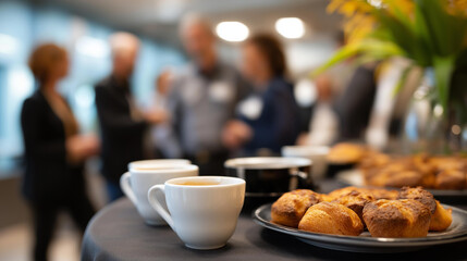 Close up of coffee break setup at conference heavily defocused background cups and pastries with faceless networking professionals corporate event refreshment business