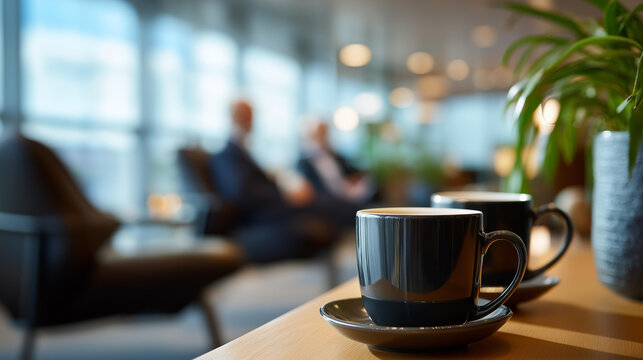 Elegant coffee break area in modern office heavily defocused background minimal decor and sleek furniture faceless professionals relaxing with coffee mugs natural light