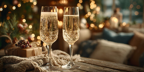 Two champagne glasses filled with sparkling wine on table near decorated Christmas tree in cozy living room with warm lighting for holiday celebration.