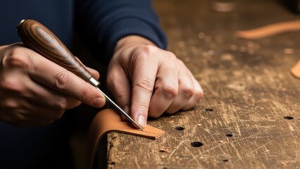 Craftsman working on leather with a tool