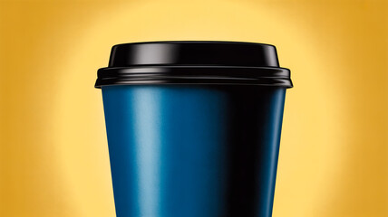 A close-up photograph of a dark blue disposable coffee cup against a warm golden background