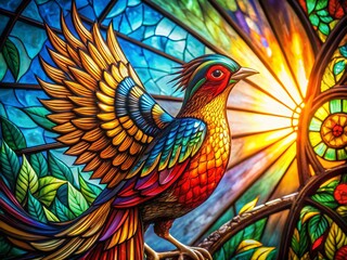 Obraz premium Macro Stained Glass Mythical Bird Sunburst - Fantasy Art