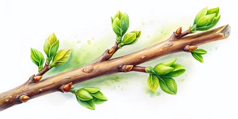 Macro Spring Tree Branch Watercolor Illustration - Green Buds & Sprouts Isolated on White