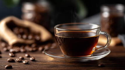 Steaming cup of black coffee on rustic wooden table heavily defocused background coffee beans scattered around aromatic beverage display warm drink presentation with copy