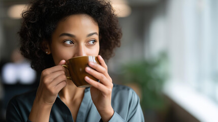 Faceless happy Black woman during coffee break heavily defocused background anonymous person with refreshment moment professional wellness scene employee relaxation
