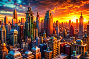 Macro Sunset Comic City Skyline: Detailed Urban Landscape Photography