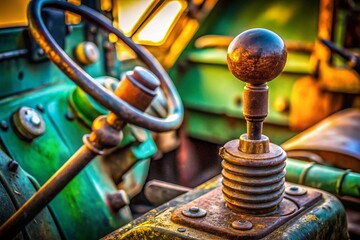 Macro Tractor Gear Shift: Intricate Details & Rugged Texture of Farm Machinery