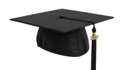 Black graduation cap with gold 2020 tassel on black background mortarboard academic cap