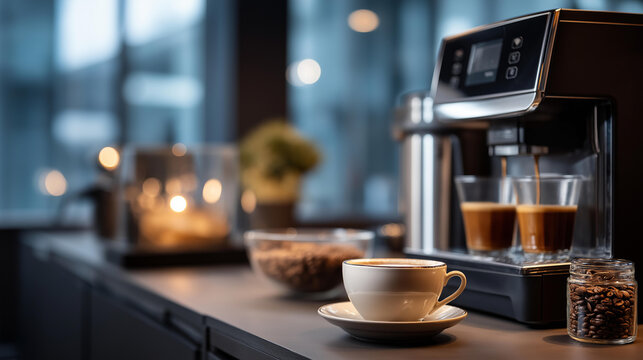 Brewing fresh coffee in contemporary office space heavily defocused background modern espresso machine and work essentials workplace refreshment preparation professional - Powered by Adobe