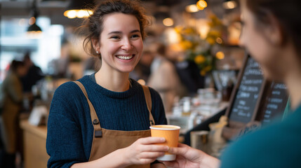 Faceless waitress with customer in coffee shop heavily defocused cafe background anonymous woman with barista giving drink small business service buying espresso caffeine