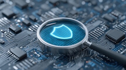 Magnifying glass over circuit board with digital shield symbolizing cybersecurity protection and data security in technology-driven world