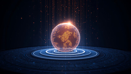 Glowing Orange Digital Globe on Futuristic Platform with Falling Particles abstract background