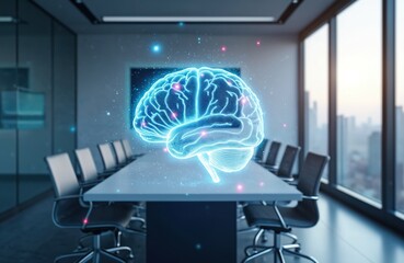 Digital brain hologram hovers above conference table in empty modern office meeting room. Futuristic AI concept for business strategy and data insights.